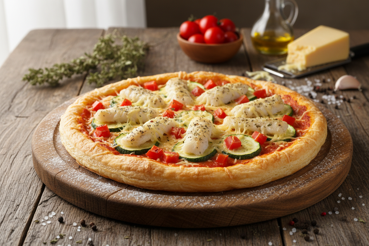Pizzafisch mit Kabeljaustreifen, Tomaten- und Zucchinideko