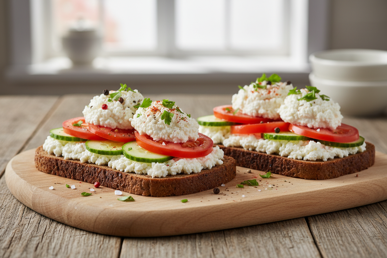 Pumpernickel mit Hüttenkäse, Gurke und Tomate