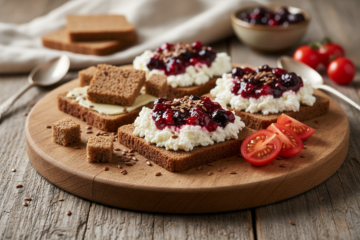 Pumpernickel mit Hüttenkäse sowie mit Waldfruchtkonfitüre