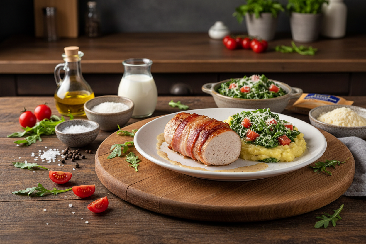 Putenbrustfilet im Schinkenmantel mit Rucola-Tomaten-Püree