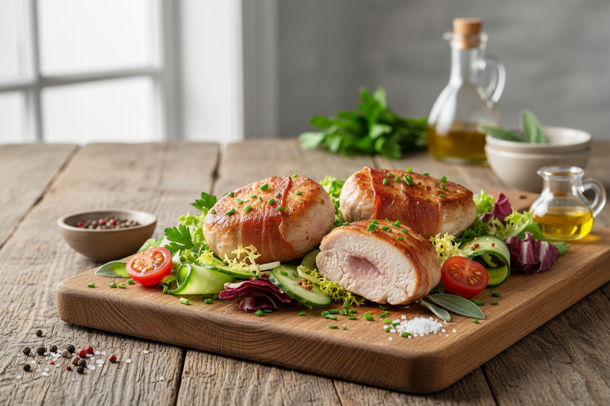 Putenmedaillons im Speckmantel auf Salat