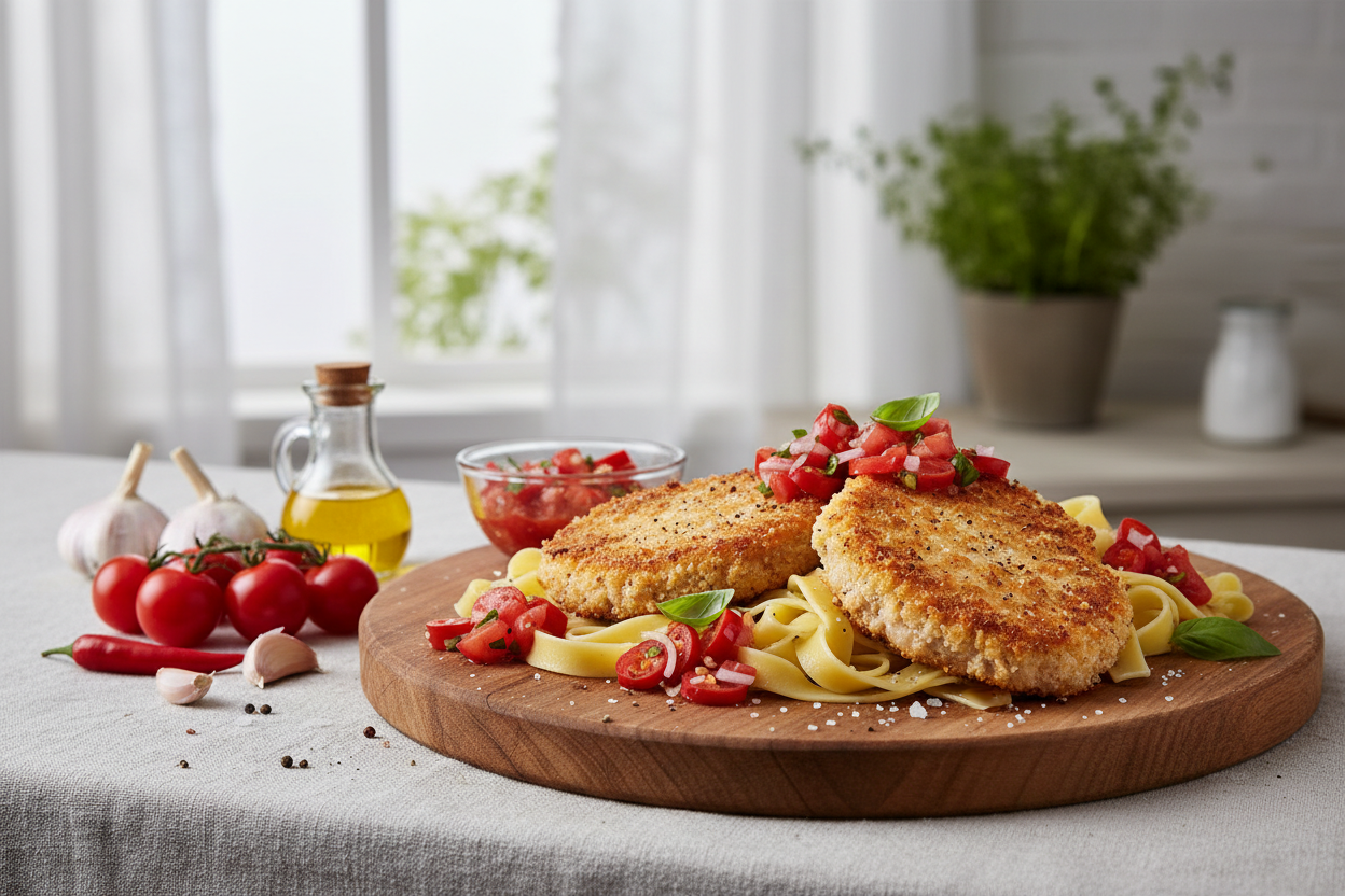 Putensteak in Käse-Ei-Hülle mit Tomaten-Salsa