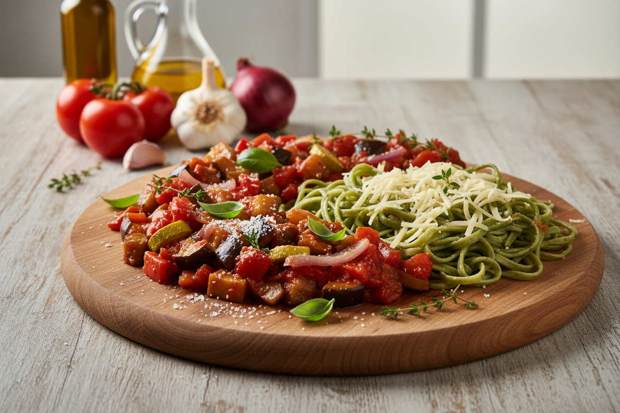 Ratatouille mit Spinat-Käse-Nudeln