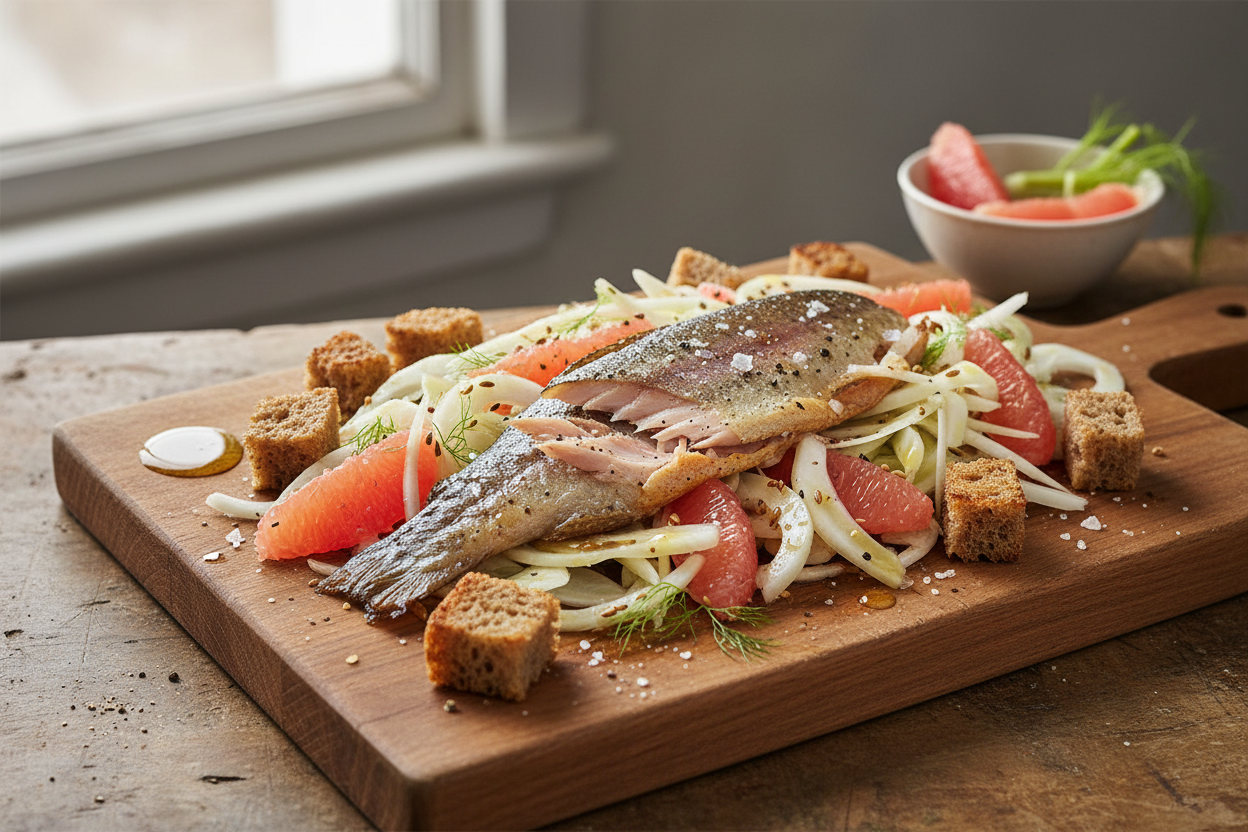 Räucherforelle auf Grapefruit-Fenchelsalat mit Honig
