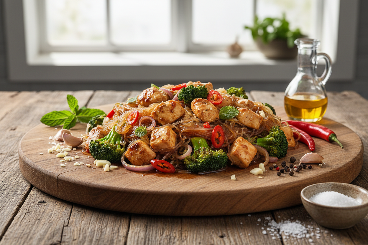 Scharfes Hähnchen aus dem Wok mit Glasnudeln und Brokkoli