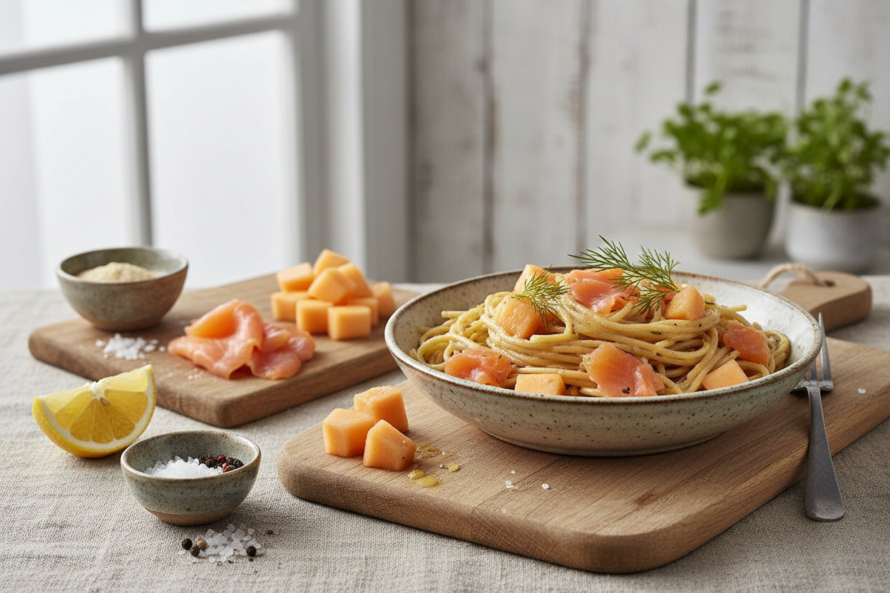 Spaghetti mit Melonen-Lachs-Sauce
