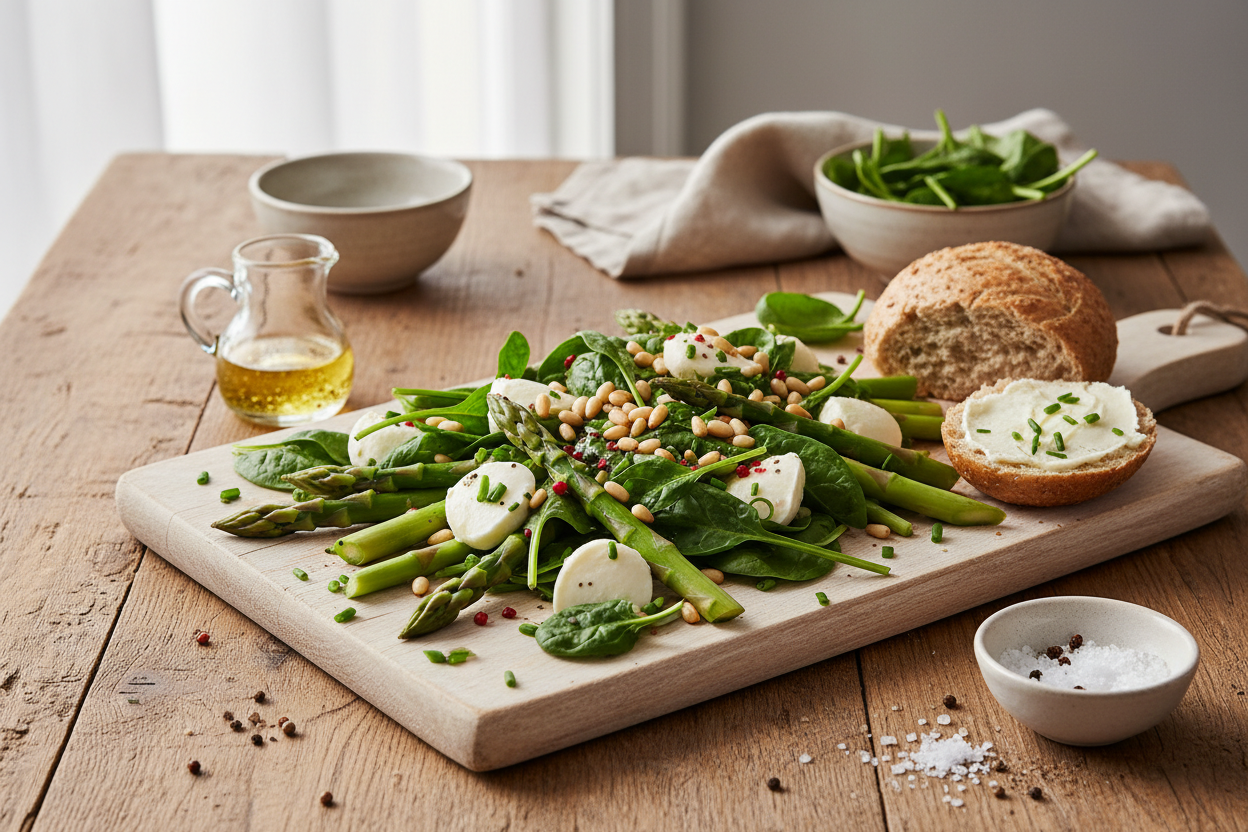 Spargelsalat mit Spinat und Pinienkernen