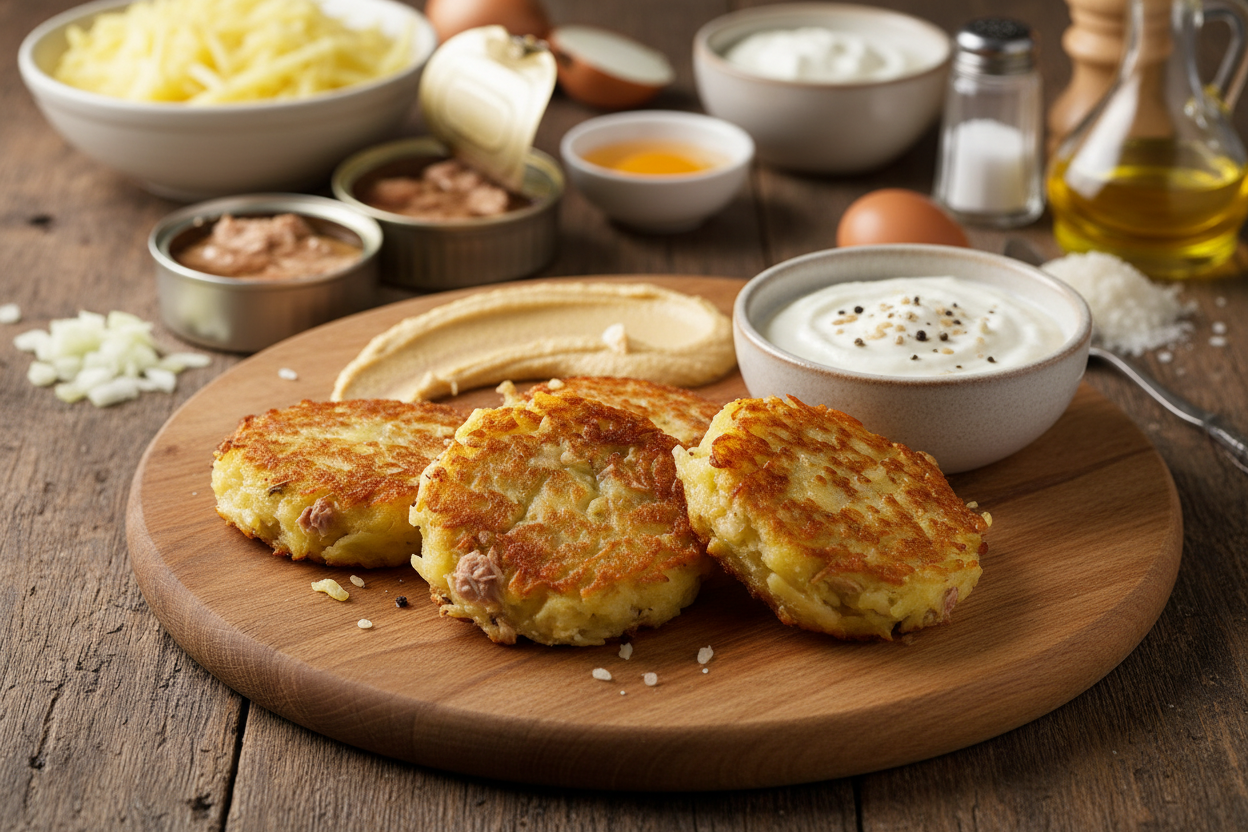 Thunfisch-Kartoffel-Puffer mit Reis-Joghurt-Dip und Hummus-Klecks