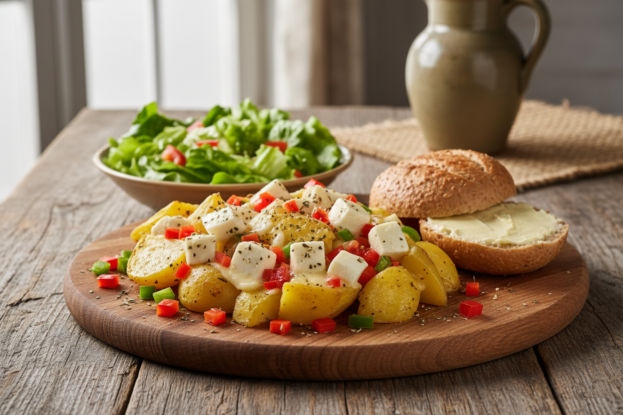 Überbackene Kartoffeln mit Paprika und Kopfsalat