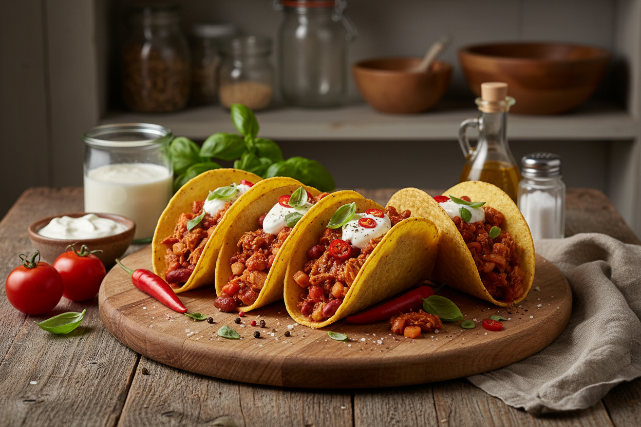 Überbackene Tacos mit Putenragout