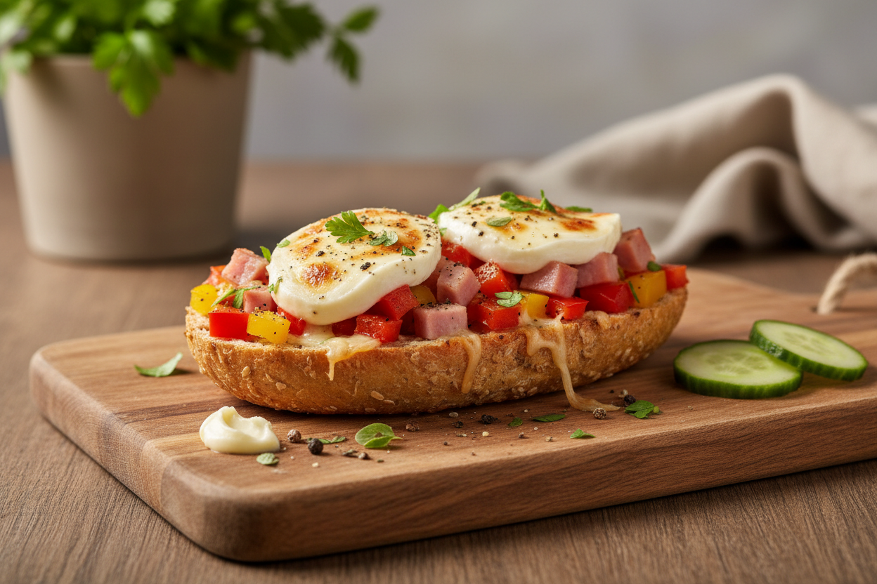 Überbackenes Paprika-Schinken-Brötchen