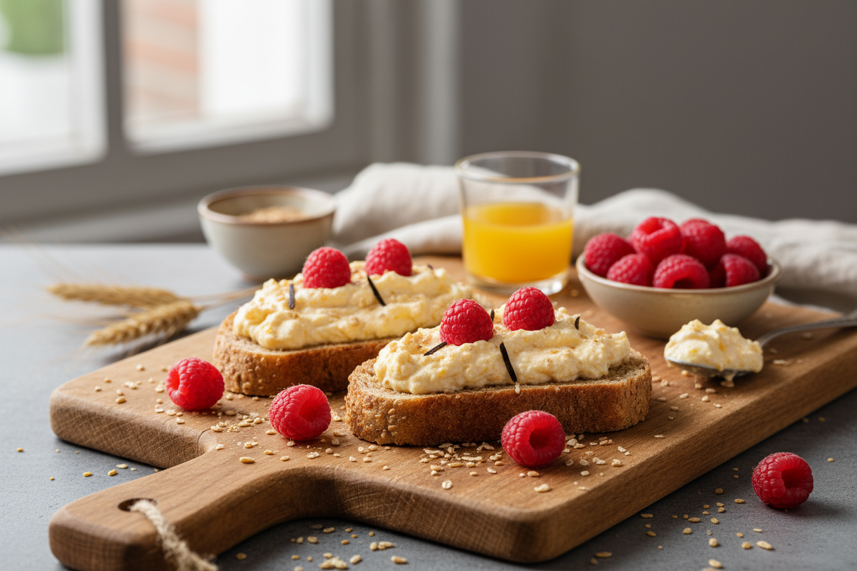 Vollkornbrot mit Orangenquark und Himbeeren