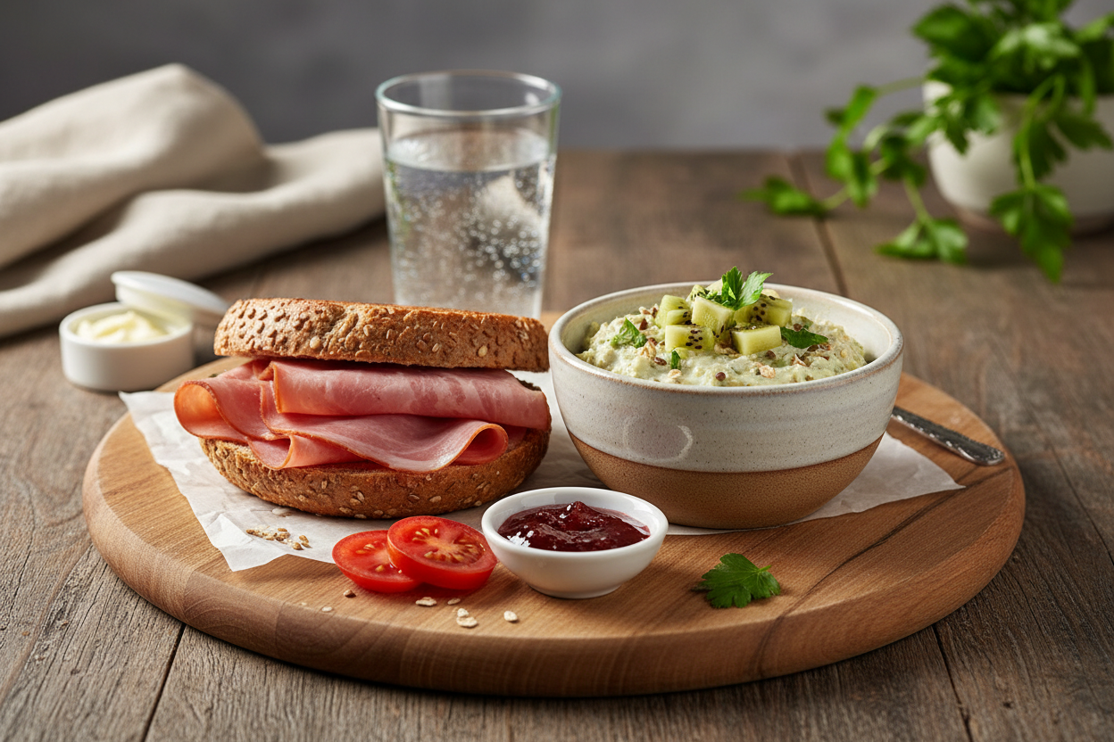 Vollkornbrötchen mit Lachsschinken und Kiwi-Quark