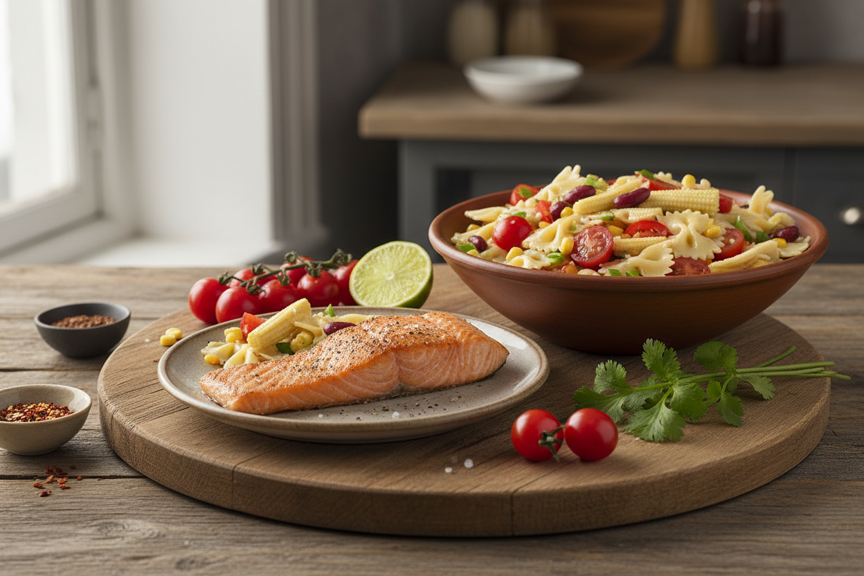Wildlachs gebraten mit mexikanischem Nudelsalat
