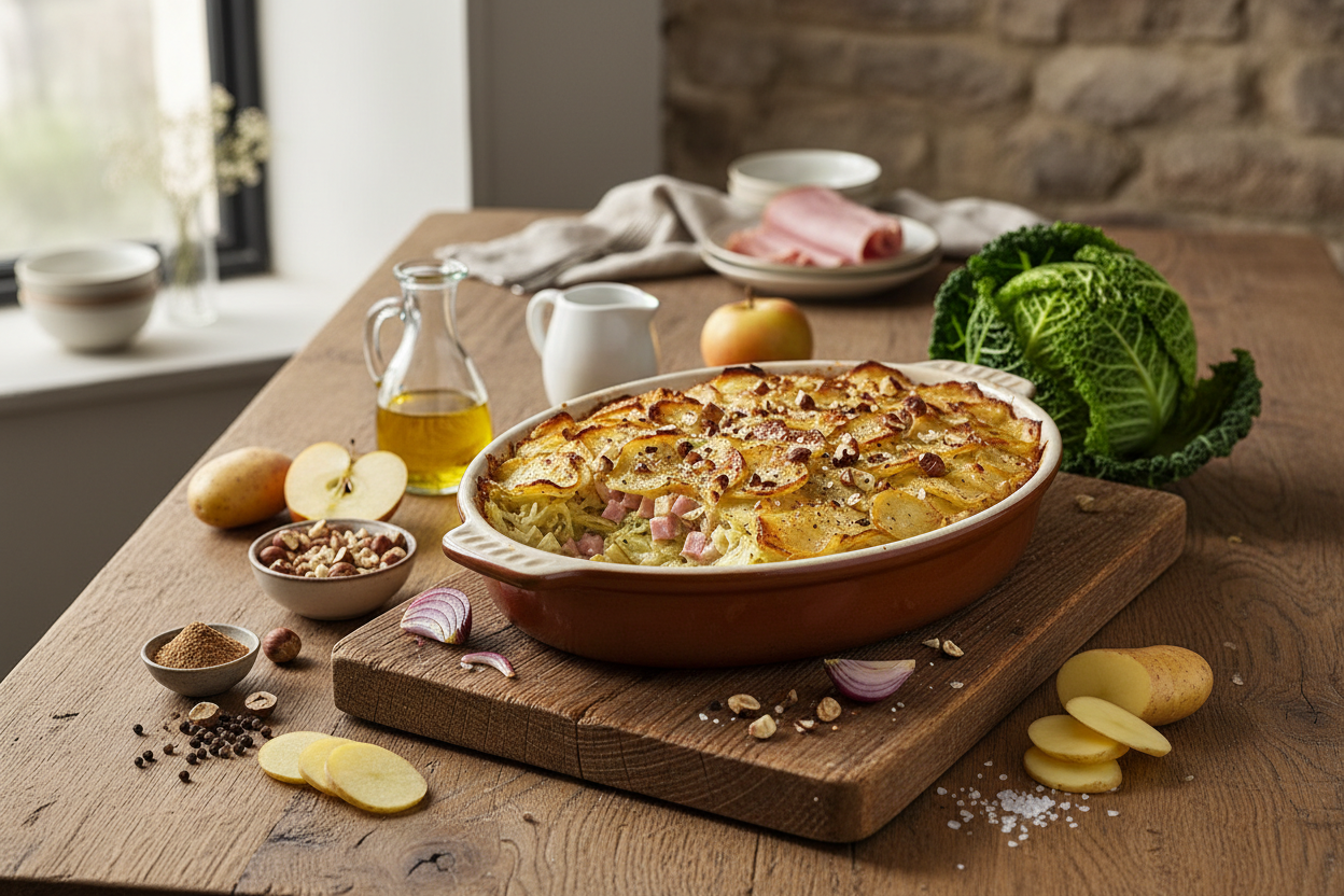 Wirsing-Gratin mit Kartoffel-Haselnuss-Kruste