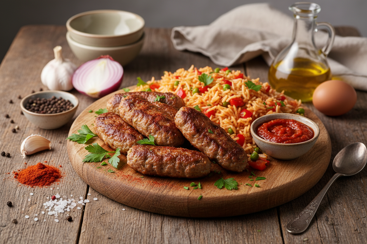 Würzige Puten-Cevapcici mit Paprika-Reis